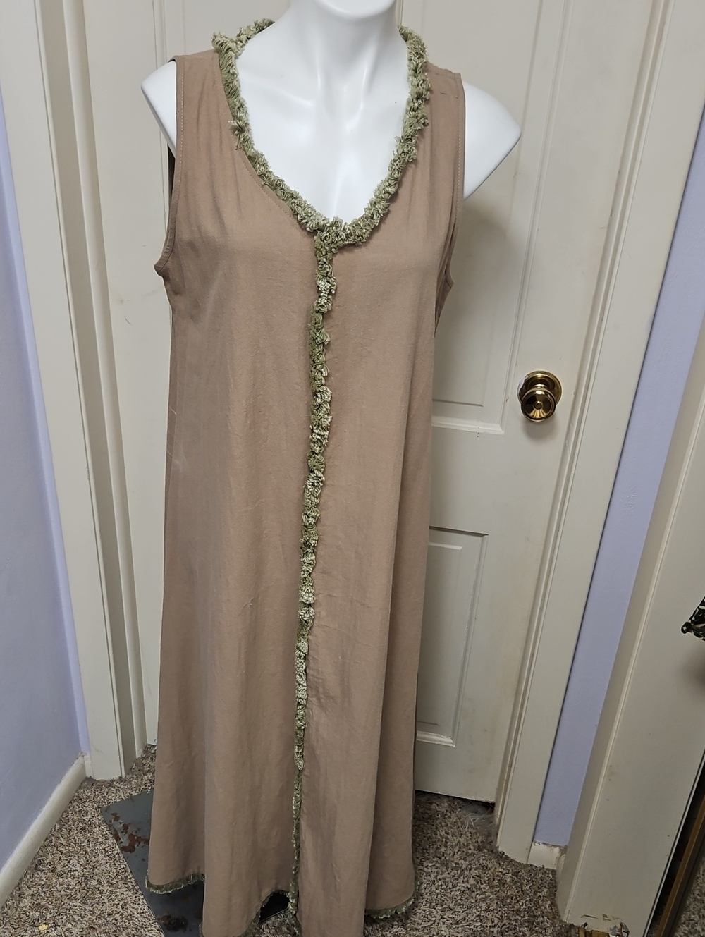 Cotton Sleeveless Taupe A-Line Dress with Fringe Trim
